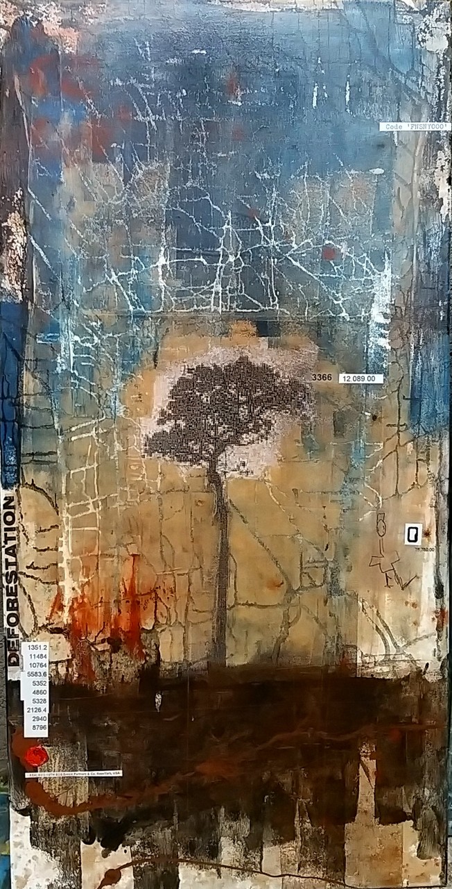 Deforestation - collage photo, huile, acrylique sur toile 100 x 50 cm - 2022