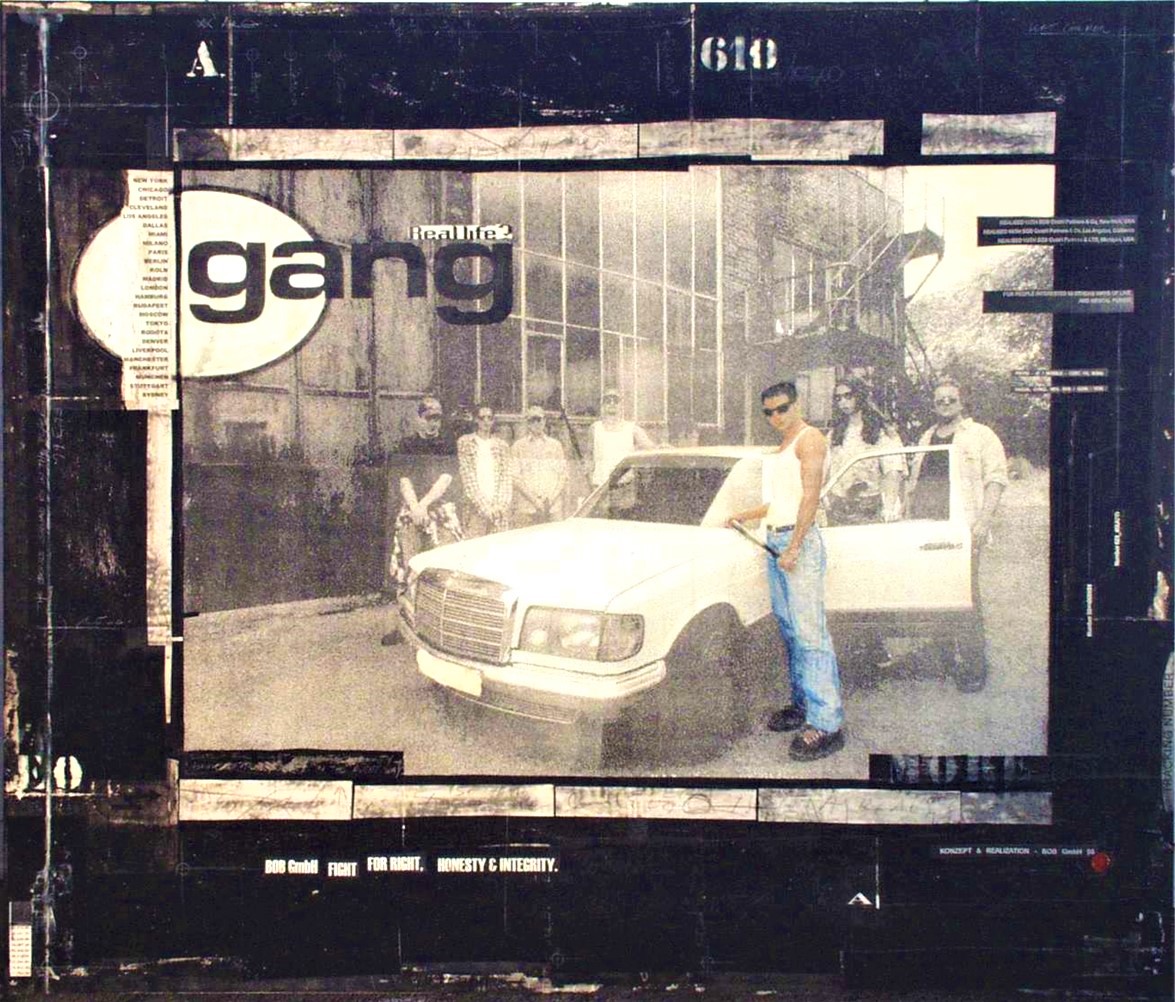 Gang - collage photo, huile, acrylique sur bois - 122 x 144 cm - 1998