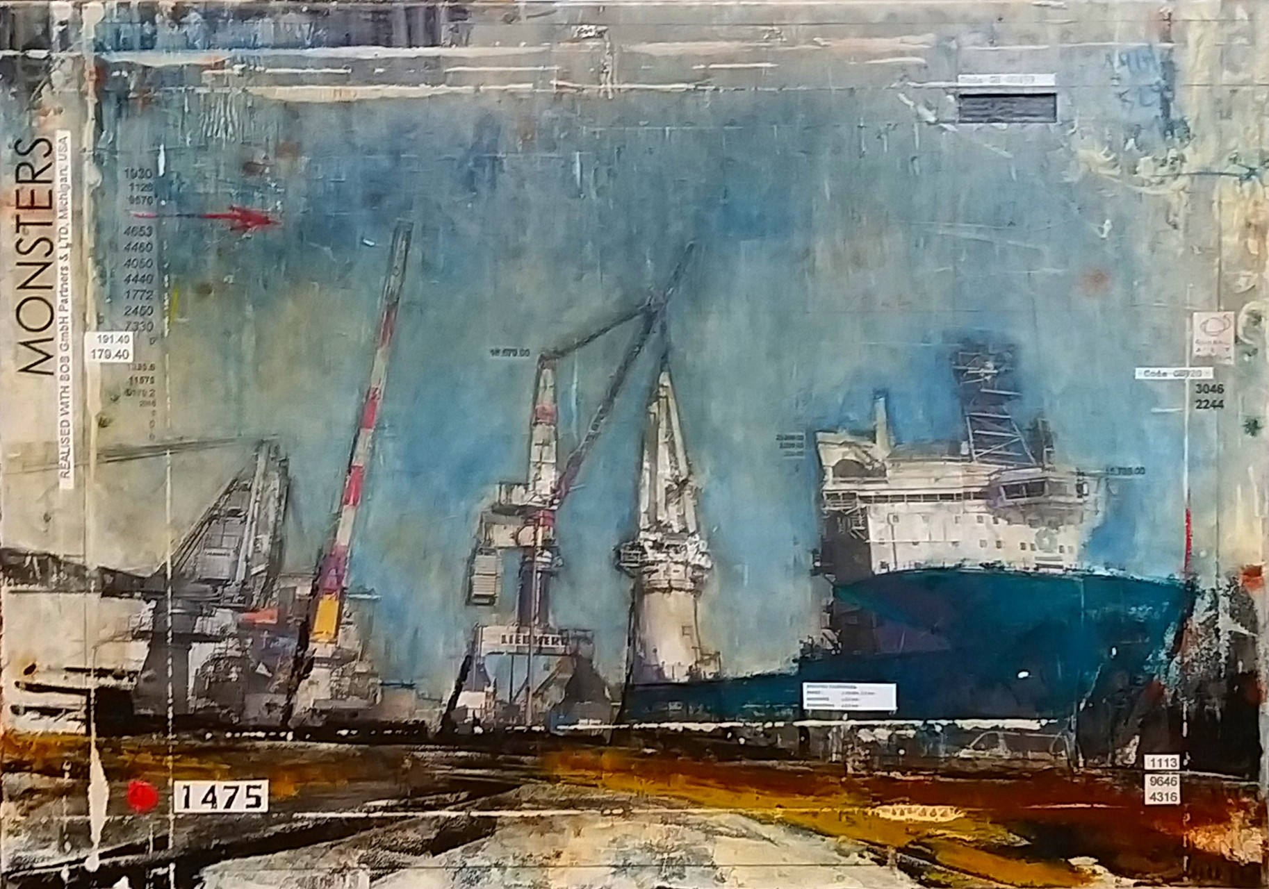 Monsters - port de Rostock (D) - collage photo, huile, acrylique sur toile - 70 x 100 cm - 2020