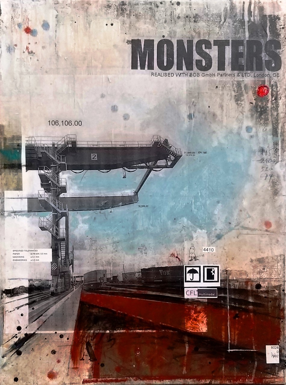 Monsters - CFL Multimodal / Dudelange (L) - collage photo, huile, acrylique sur toile - 80 x 60 cm - 2018